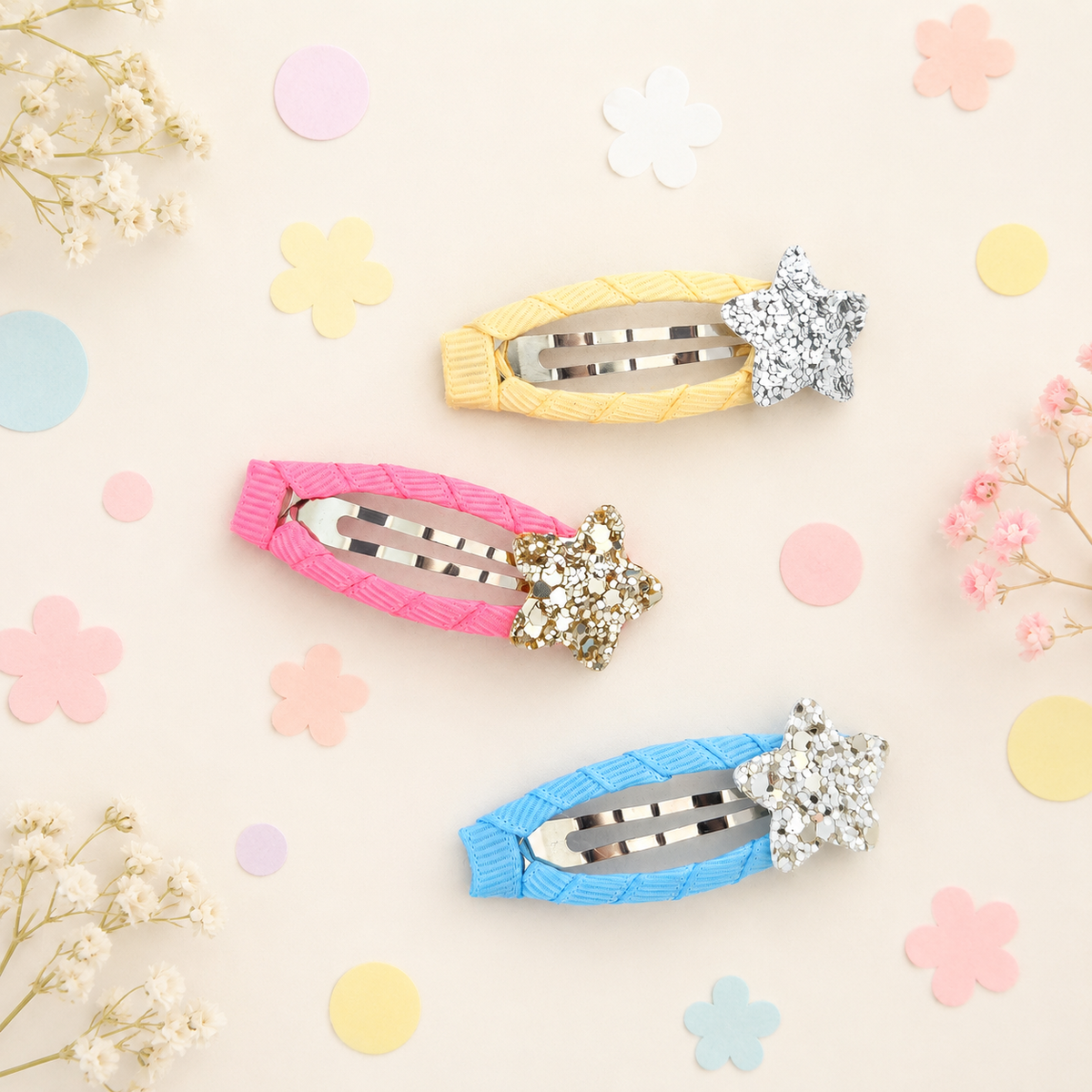 Three pastel-colored hair clips with star embellishments, arranged diagonally on a light cream background decorated with pastel flower cutouts and dried flowers. The clips are yellow, pink, and light blue, each featuring a glitter star.