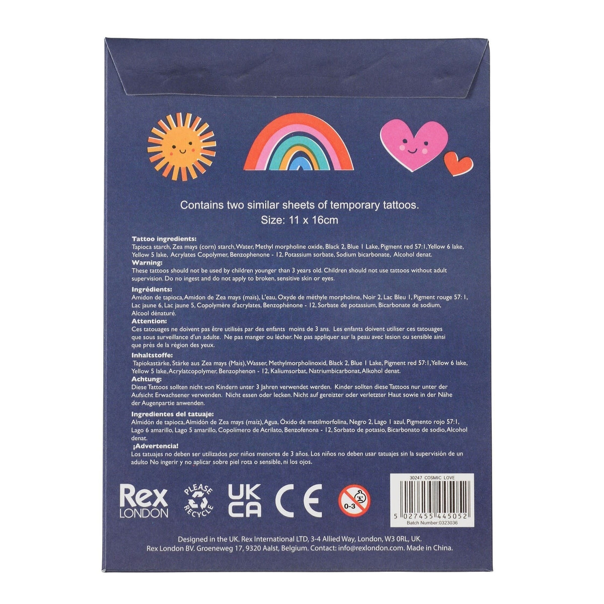 Back of a temporary tattoo packaging with colorful illustrations and text.