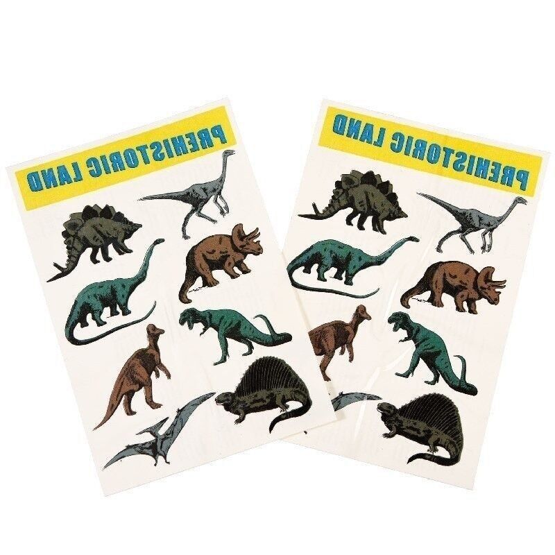 Two sheets of dinosaur stickers with 'Prehistoric Land' branding on a white background.