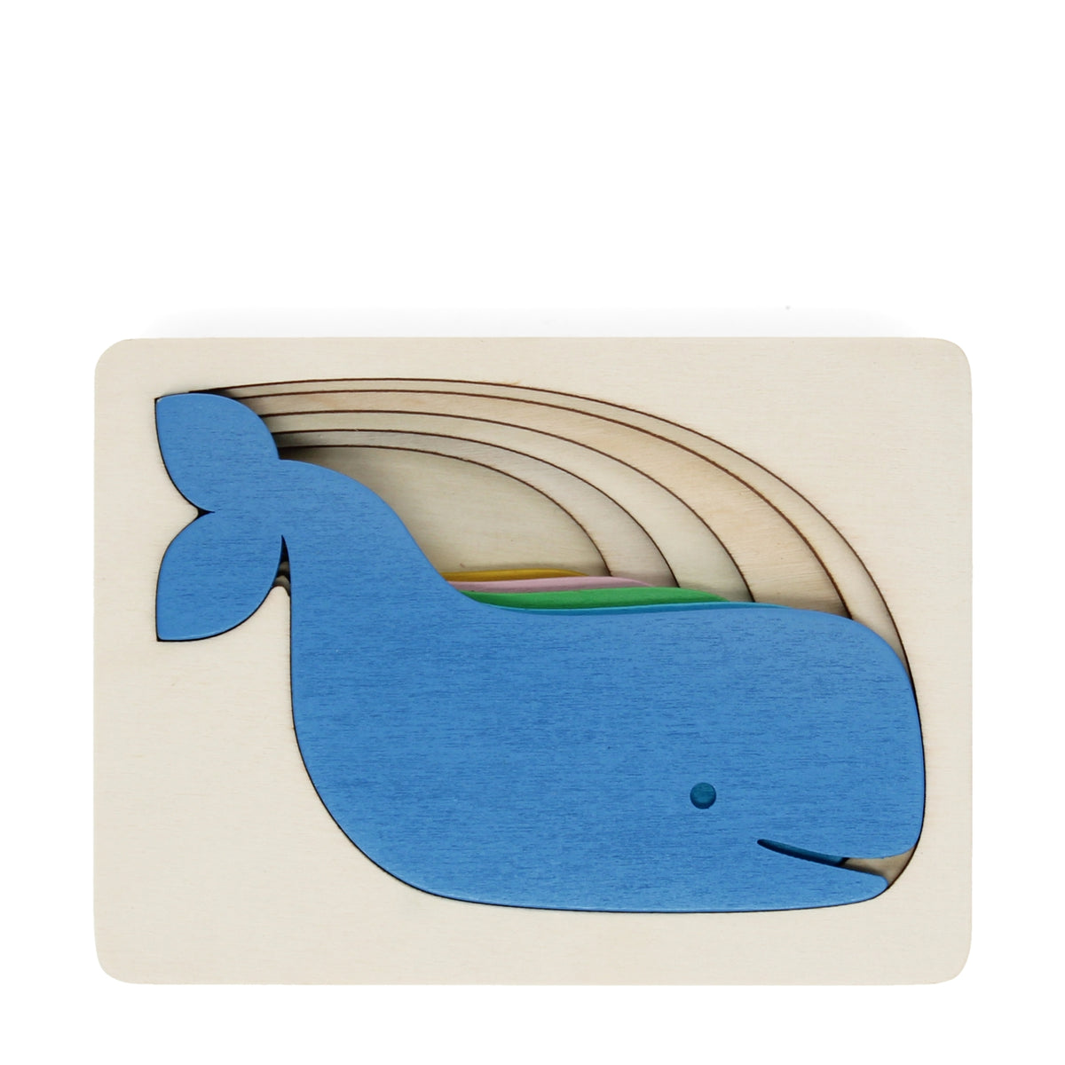 Wooden toy puzzle shaped like a blue whale on a white background