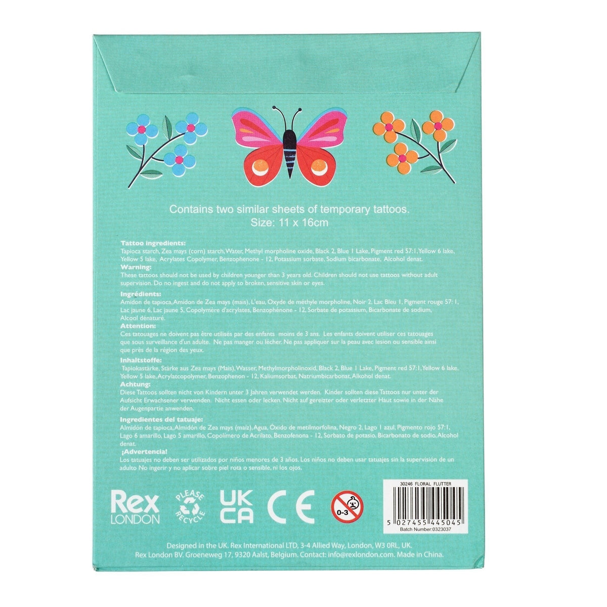Back of a product packaging with butterfly design and text on a teal background