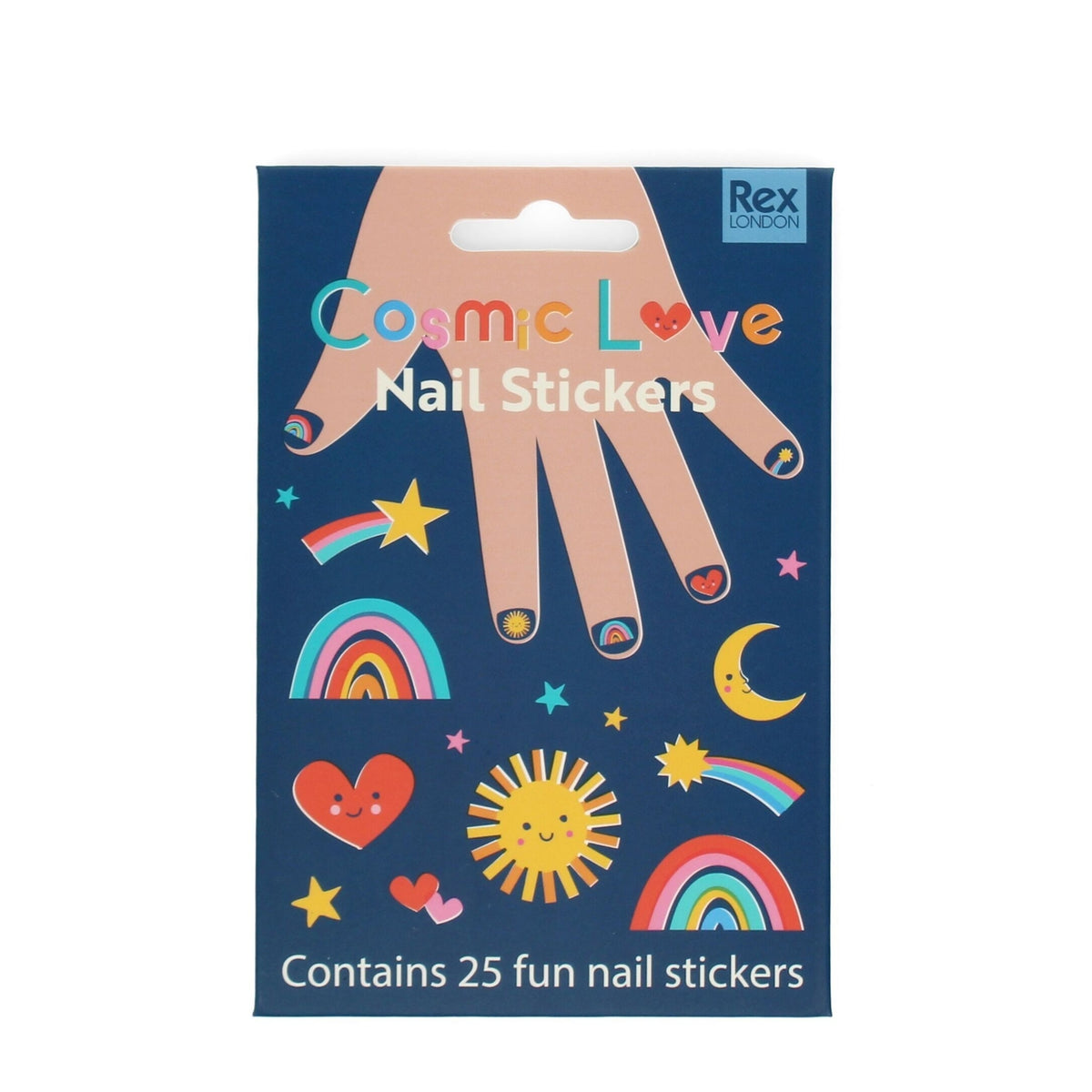 Pack of nail stickers with colorful designs on a blue background, featuring the brand 'Rex London'.