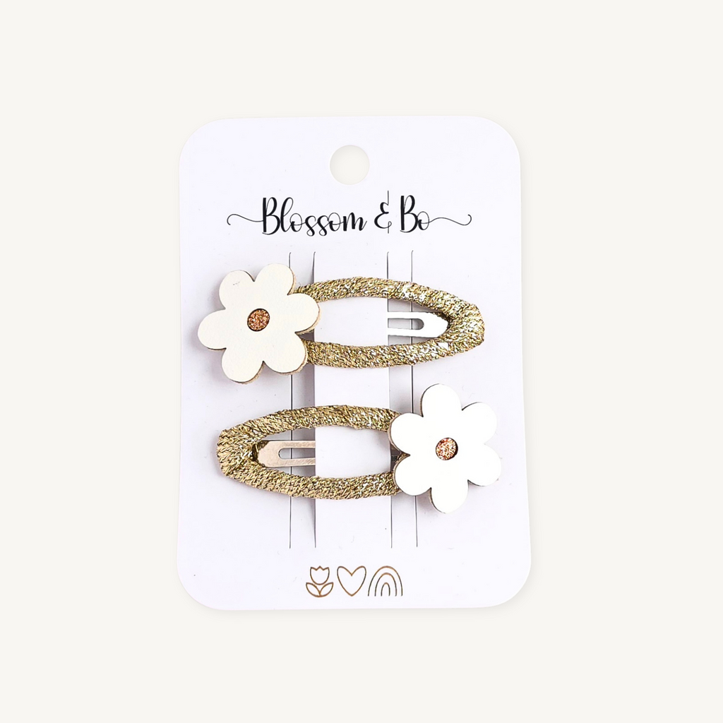 Daisy flower hair clips for girls with cream flowers and gold glitter snap clips