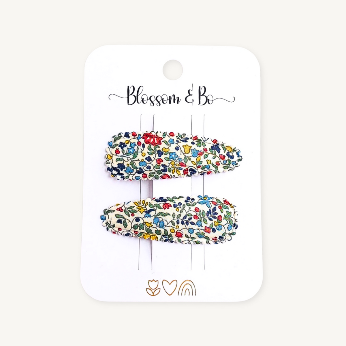 Liberty floral hair clips for girls on Blossom & Bo display card