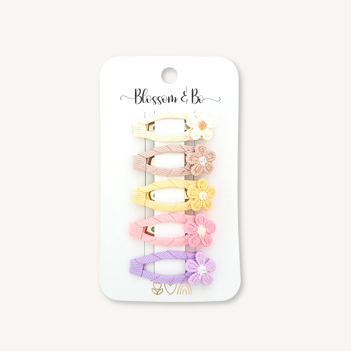 Pastel flower hair clips in a set of 5 with cream, tan, yellow, pink and lilac flowers