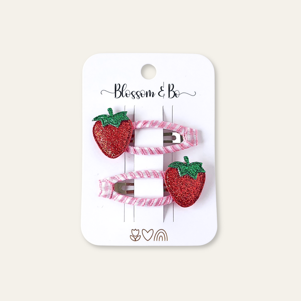 Strawberry hair clips for girls with pink glittery gingham ribbon
