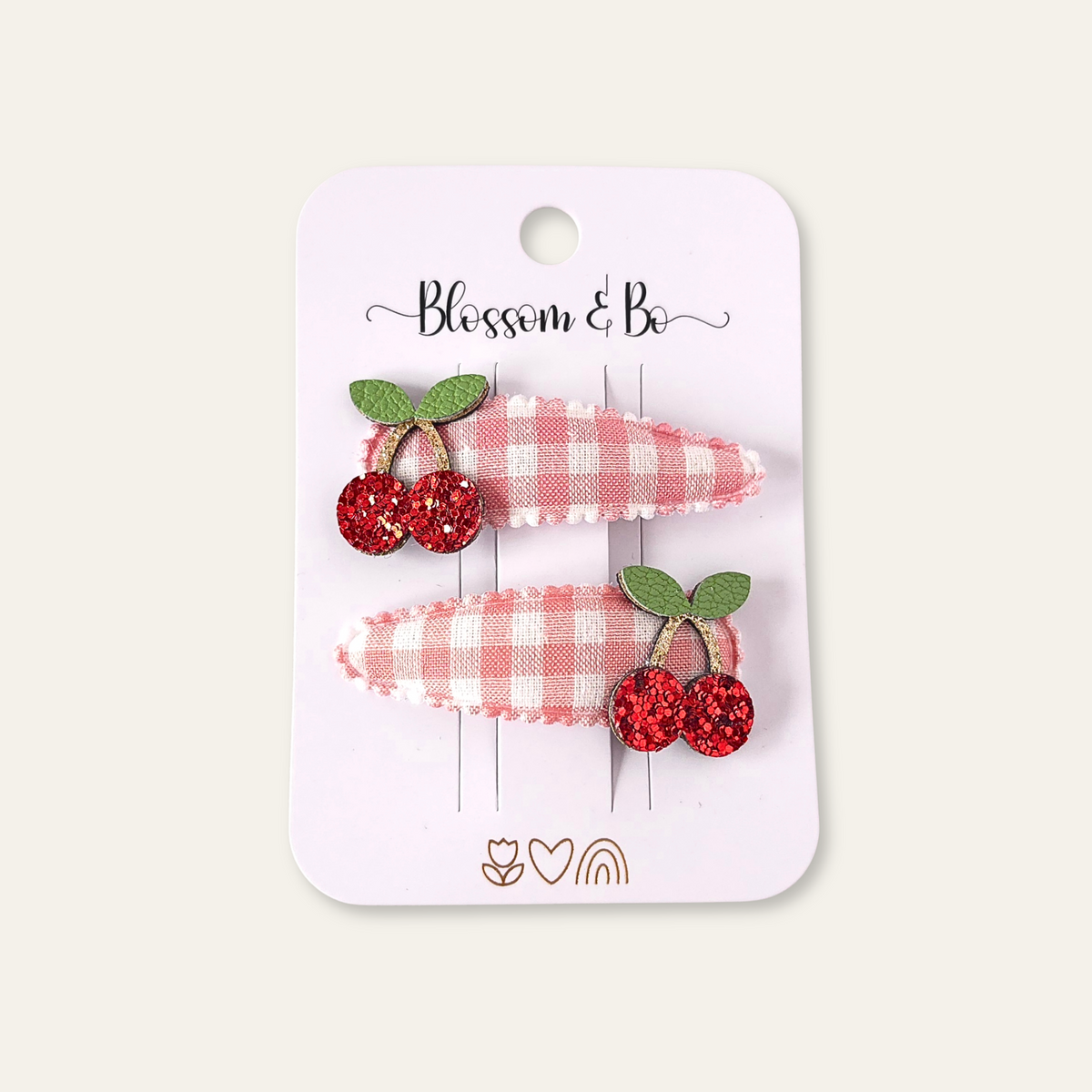 Cherry hair clips for girls with pink gingham ribbon