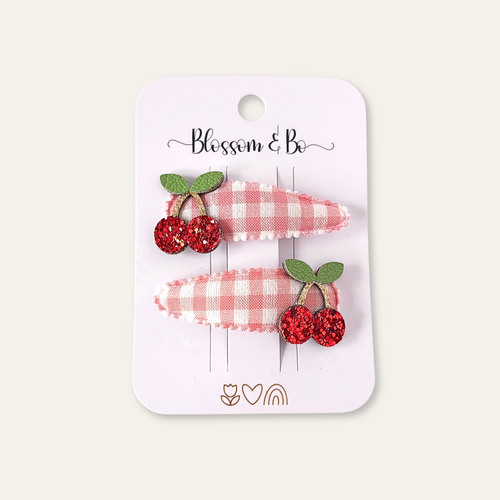 Cherry hair clips for girls with pink gingham ribbon