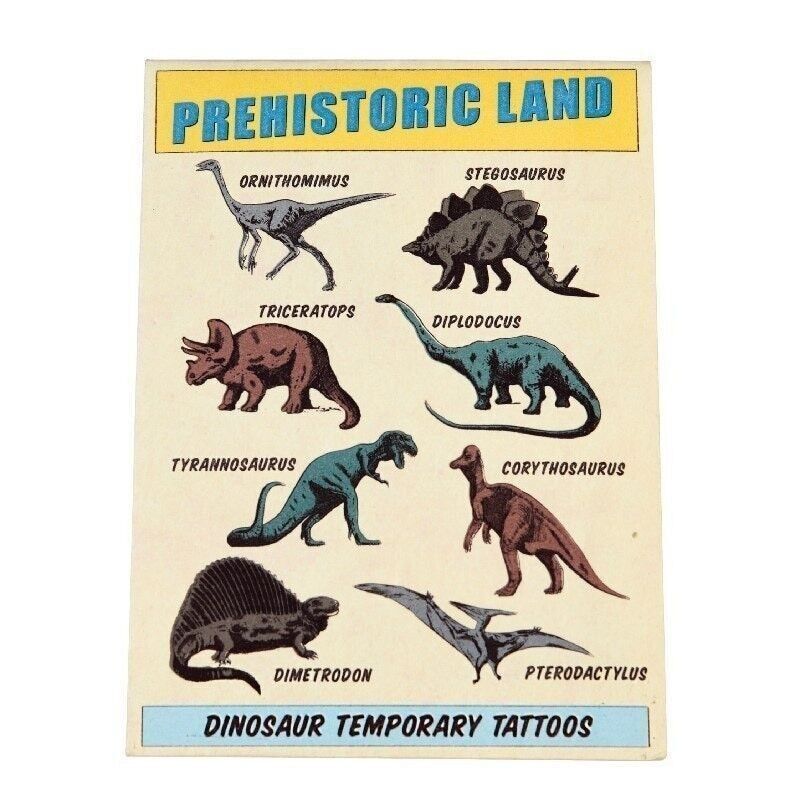 Prehistoric Land dinosaur temporary tattoos with illustrations of various dinosaurs on a yellow background.