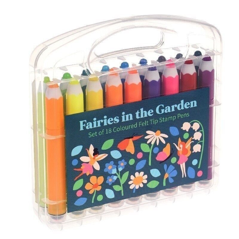 Set of 18 colored felt-tip stamp pens in a clear case with 'Fairies in the Garden' design.