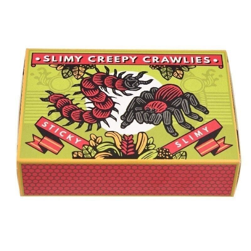 Box of 'Slimy Creepy Crawlies' with spider and centipede illustrations on a green and red background.