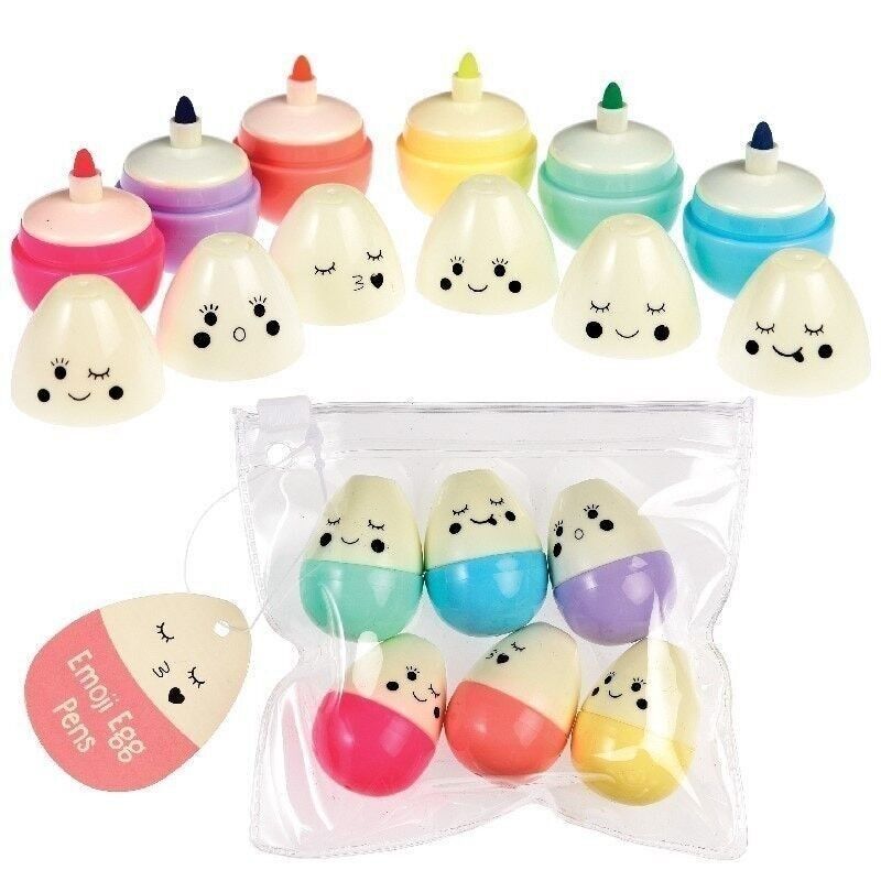 Set of colorful emoji egg pens with a clear plastic bag containing them on a white background.