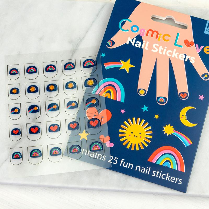 Cosmic Love nail stickers packaging with illustrations on a white background