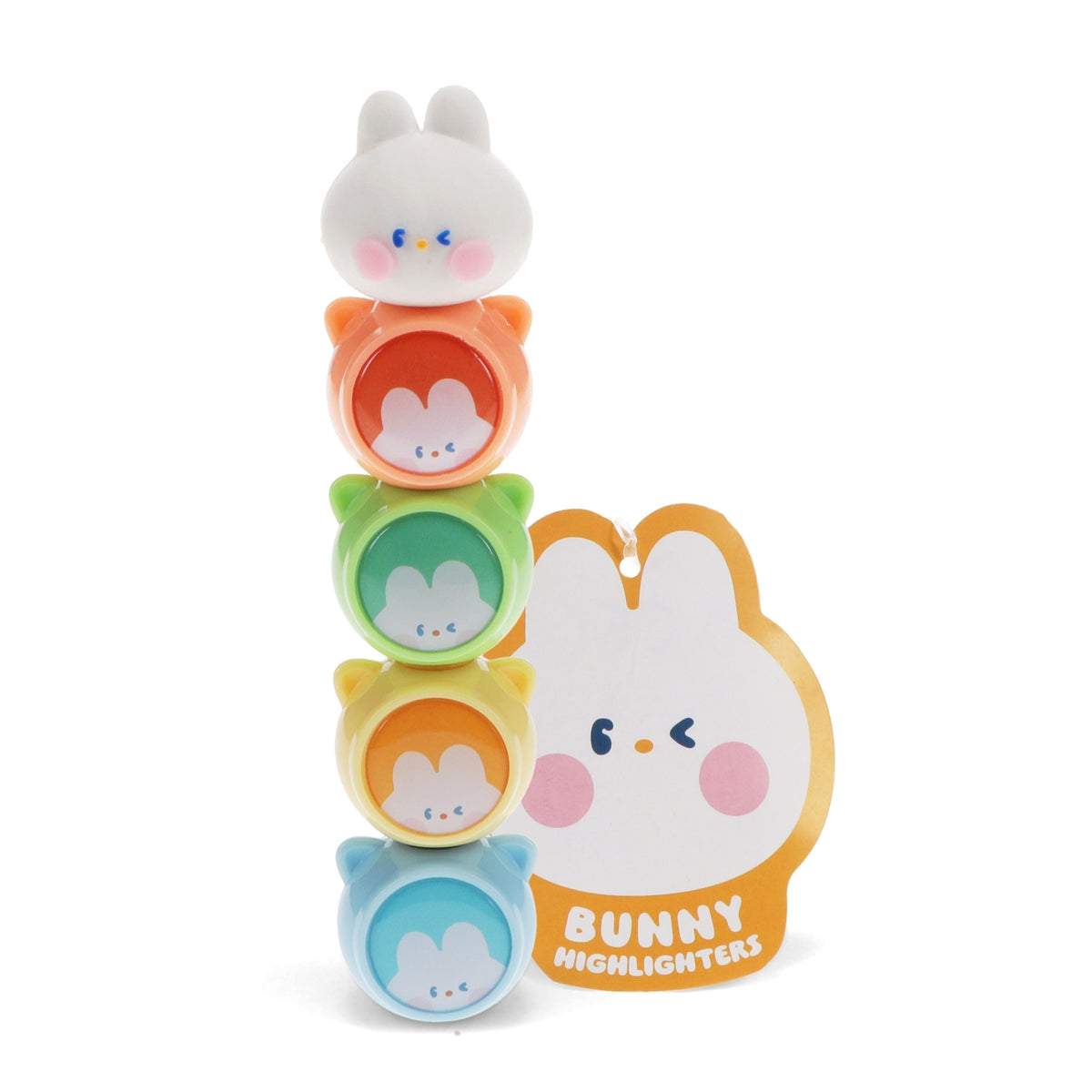 Set of colorful highlighters shaped like bunnies on a white background