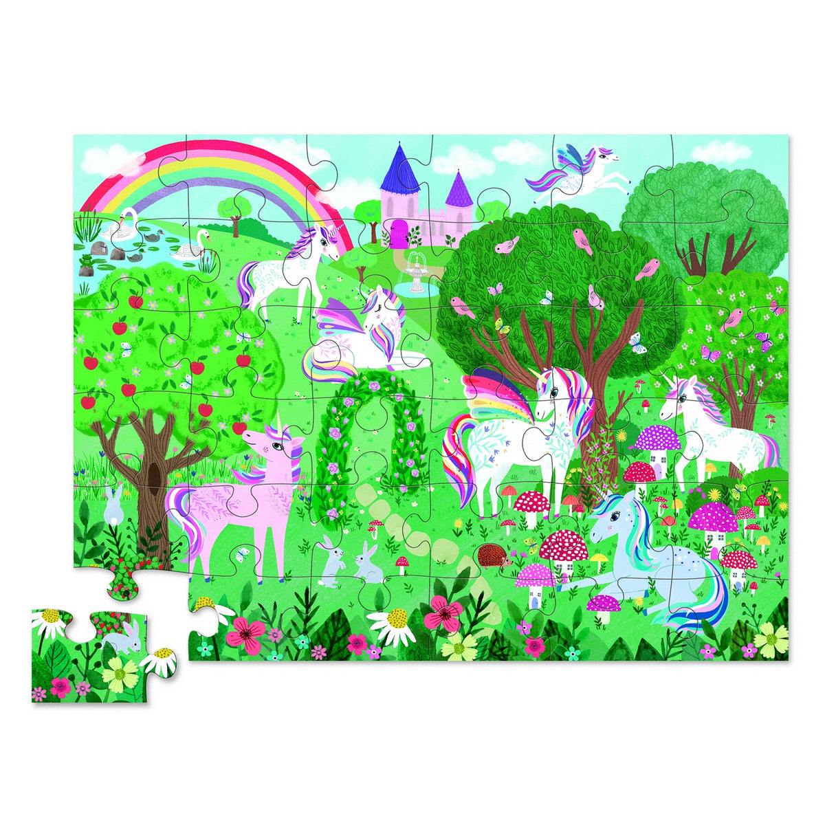 Children's puzzle with unicorns in a forest design with a castle, rainbow and flowers