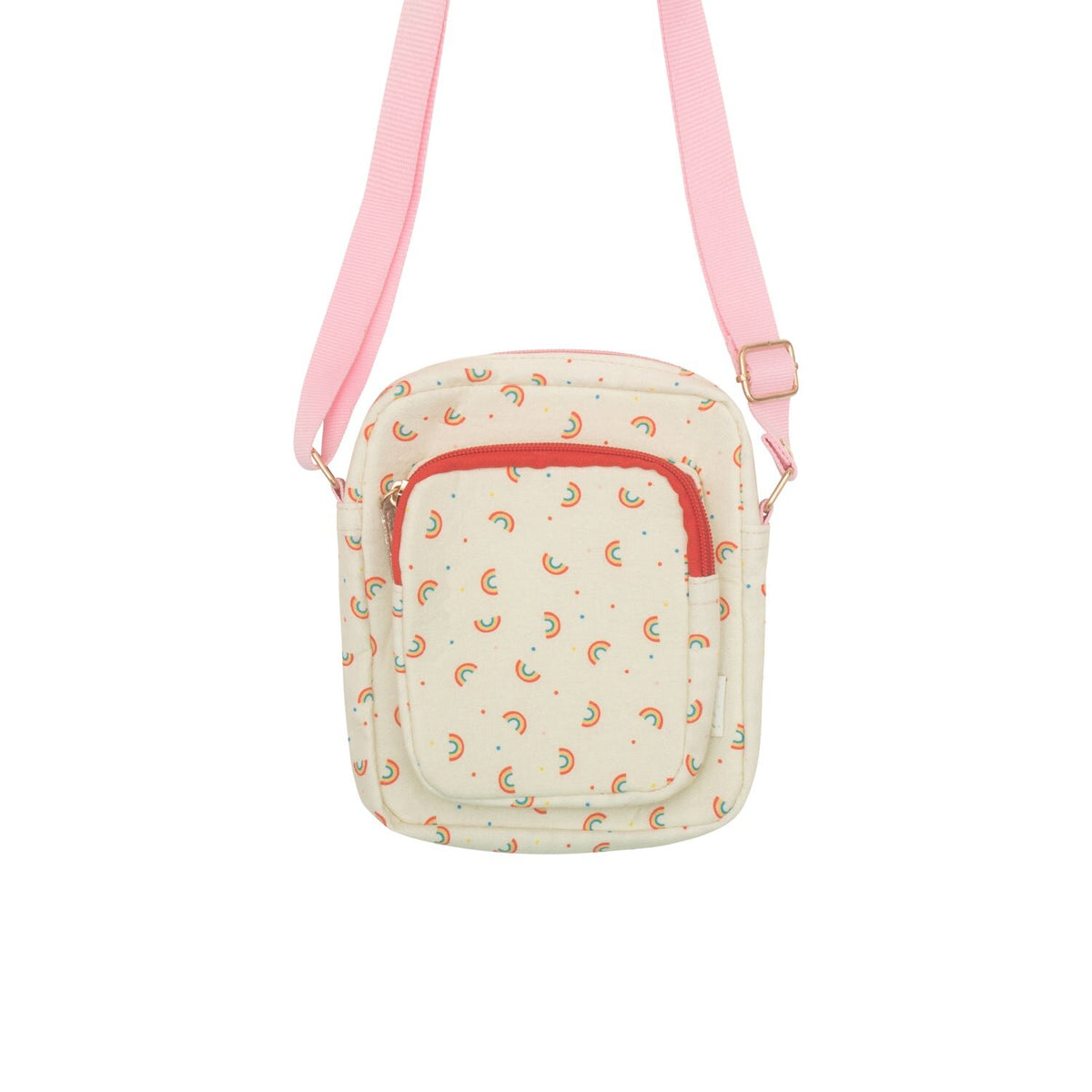 Small crossbody bag with pink strap and rainbow pattern on a white background