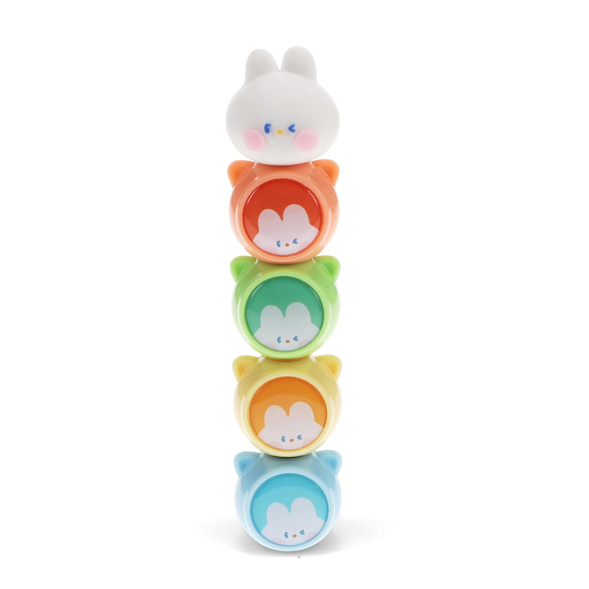 Stack of colorful animal-shaped stamps on a white background