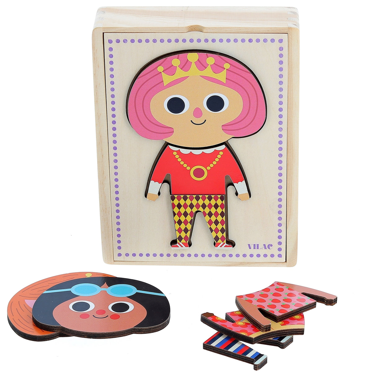 Vilac Jade Moody Wooden Dress-Up Puzzle with wooden storage box and interchangeable outfit pieces
