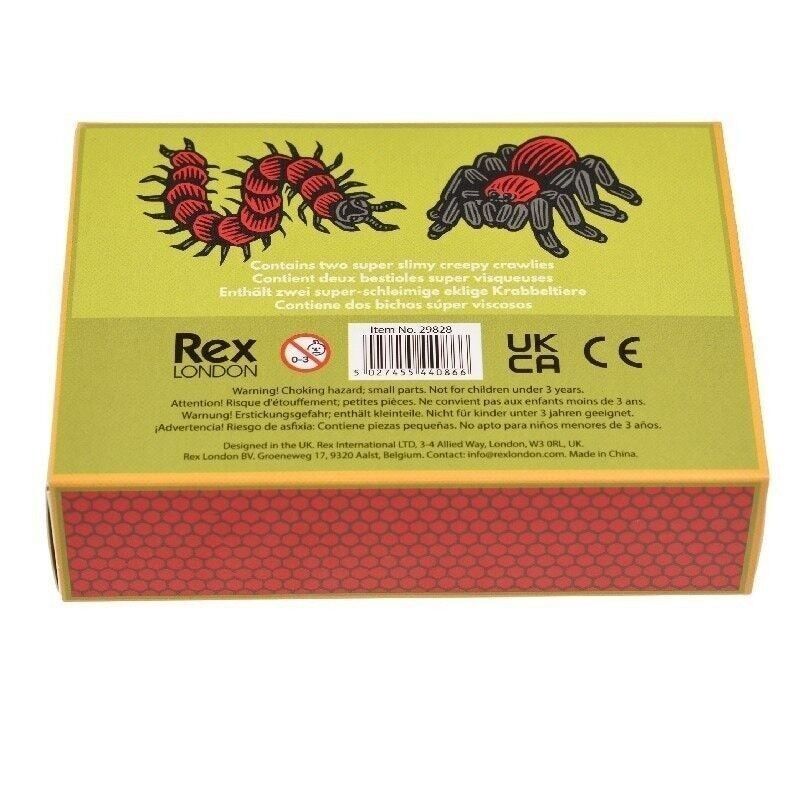 Box with illustrations of creatures and text on a yellow and red background