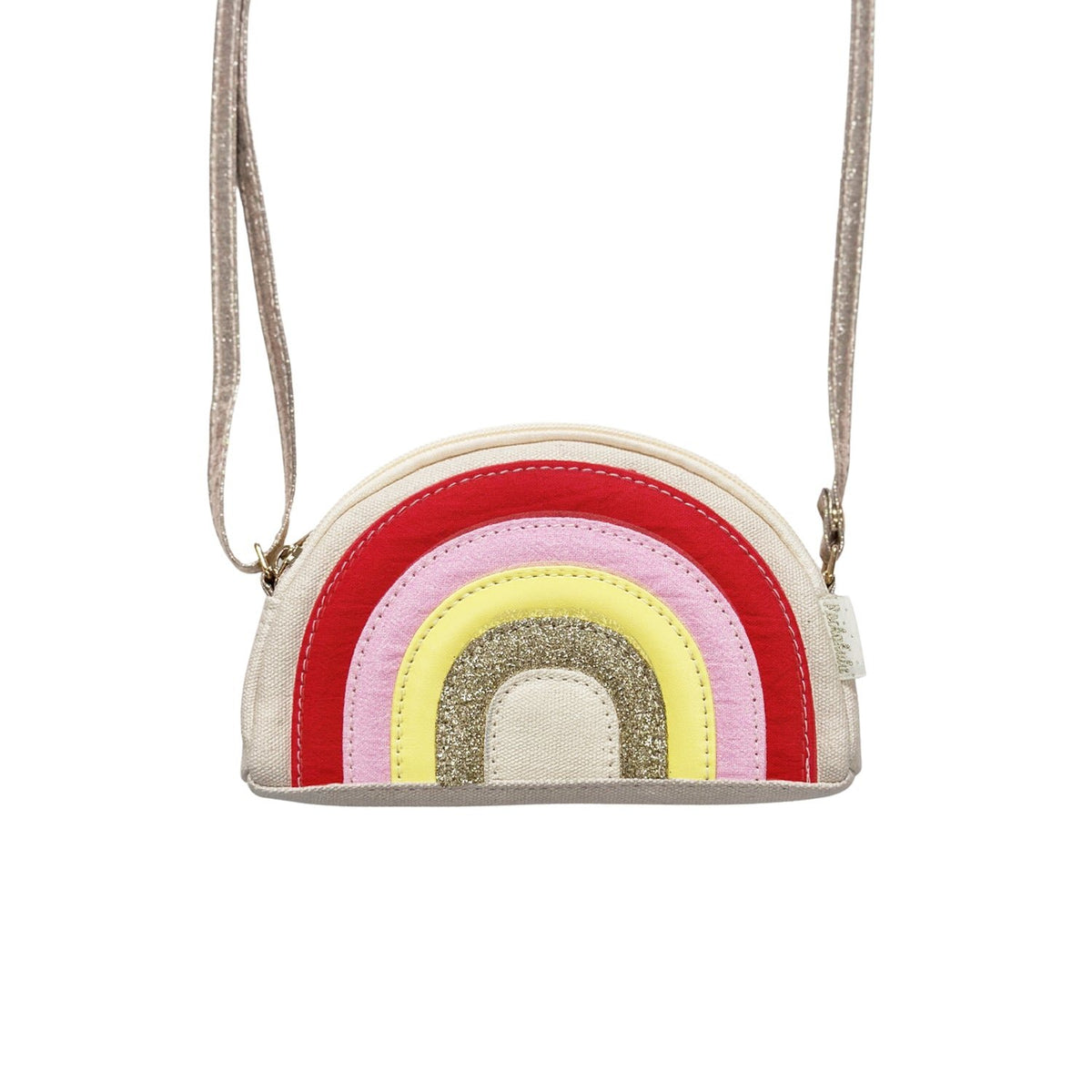 Rockahula Cheerful Rainbow Bag with colourful rainbow design, gold glitter details and adjustable crossbody strap