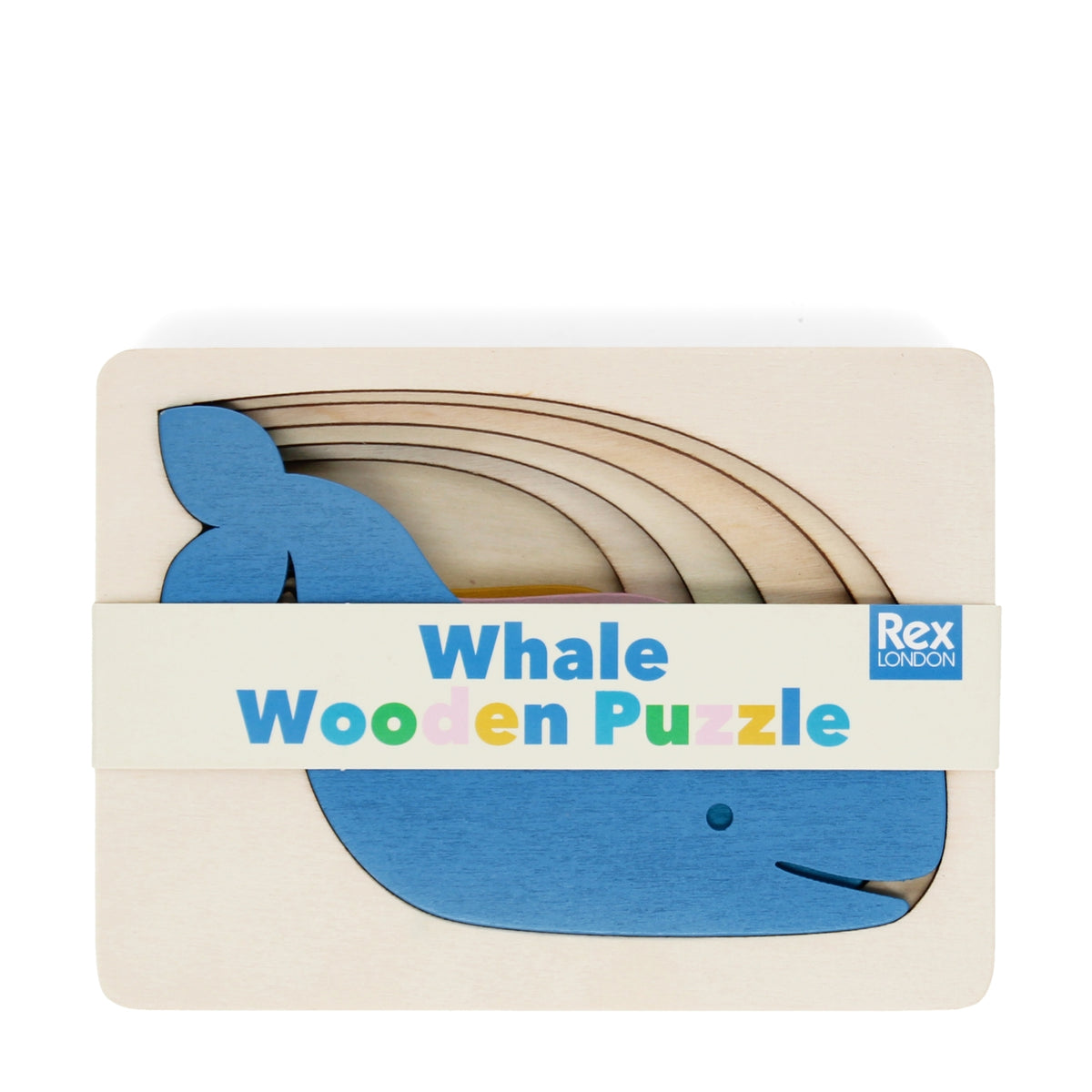 Whale wooden puzzle with 'Rex London' branding on a white background
