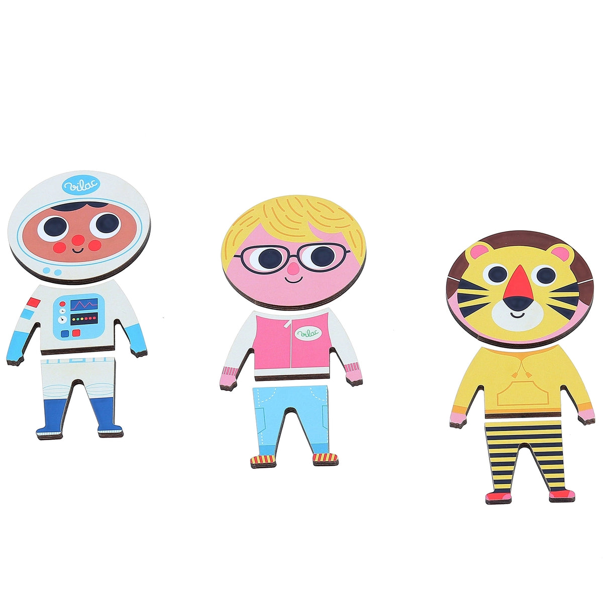 Three wooden dress up pieces as an astronaut, boy and a tiger