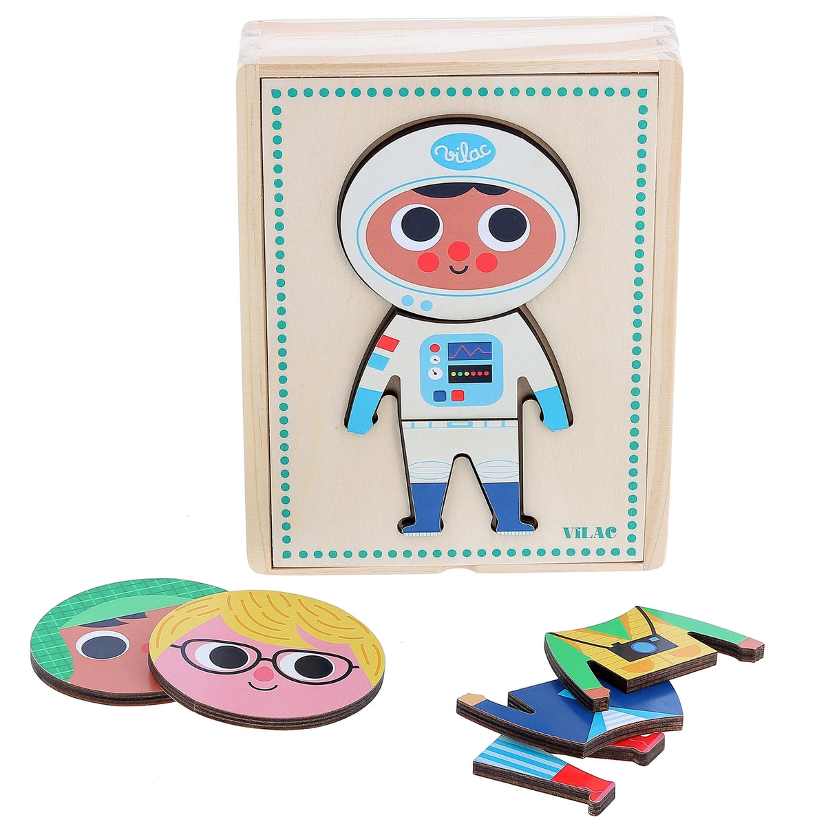 Vilac Jules moody Wooden Dress-Up Puzzle with interchangeable outfit pieces and wooden storage box