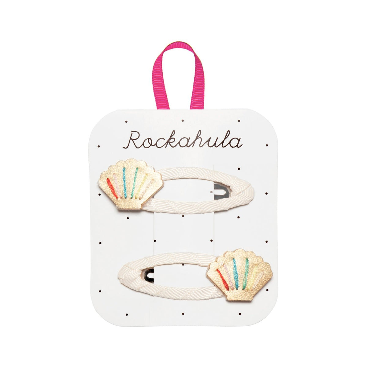 Rockahula rainbow shell hair clips with rainbow stitched seashells on pink ribbon wrapped snap clips
