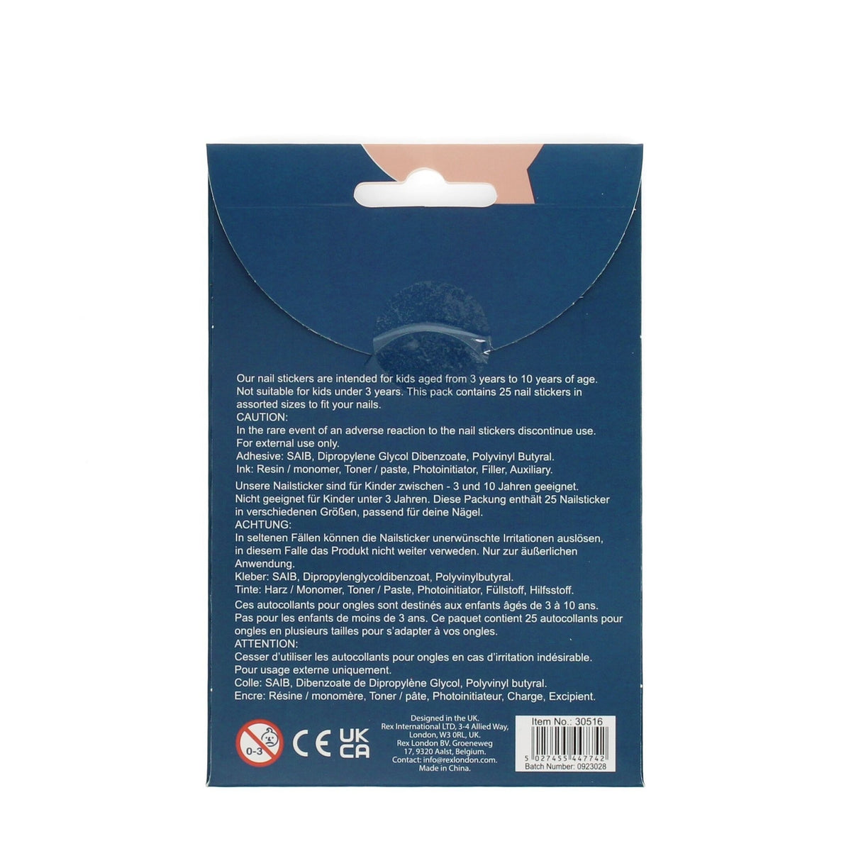 Back of a blue packaging with text and a white background