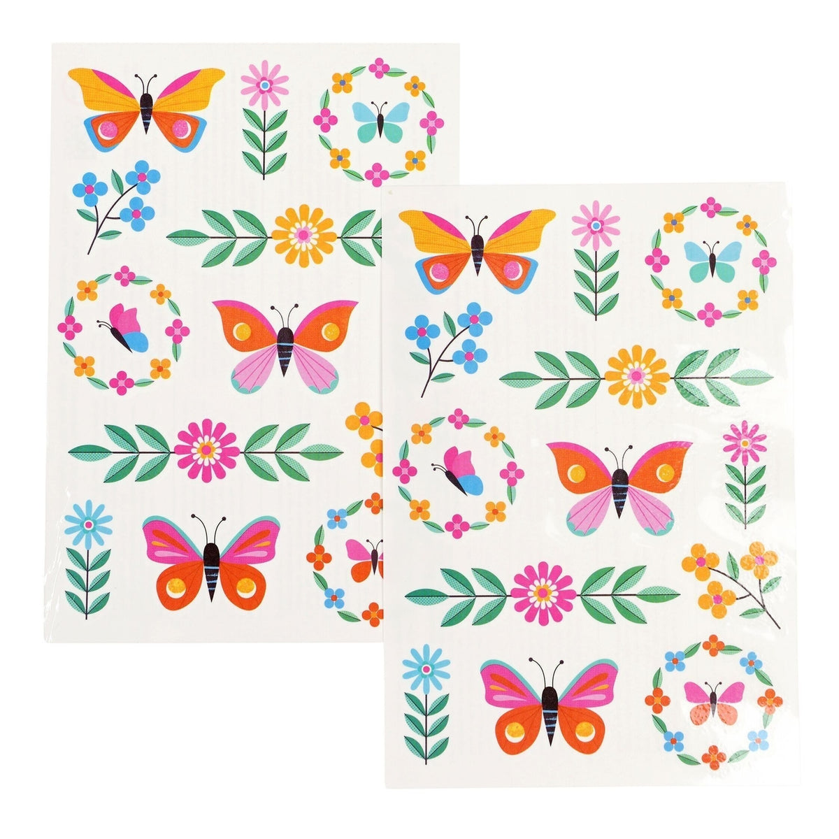 Colourful flowers and butterfly tattoos on a backing sheet
