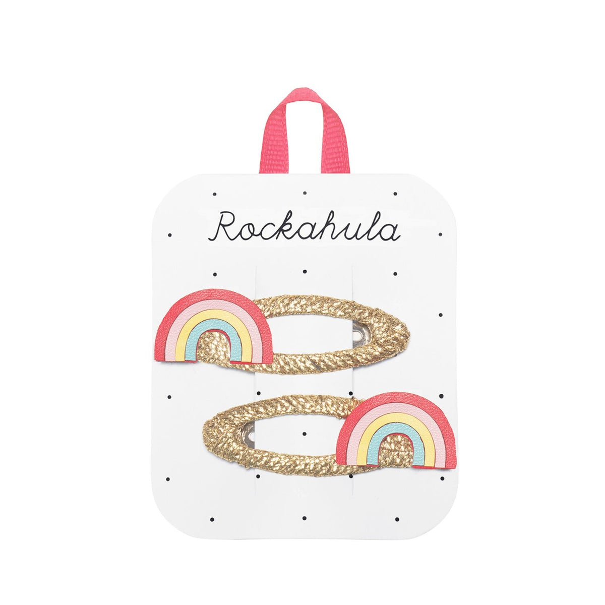 Rockahula rainbow design hair clips sat on gold ribbon wrapped snap clips