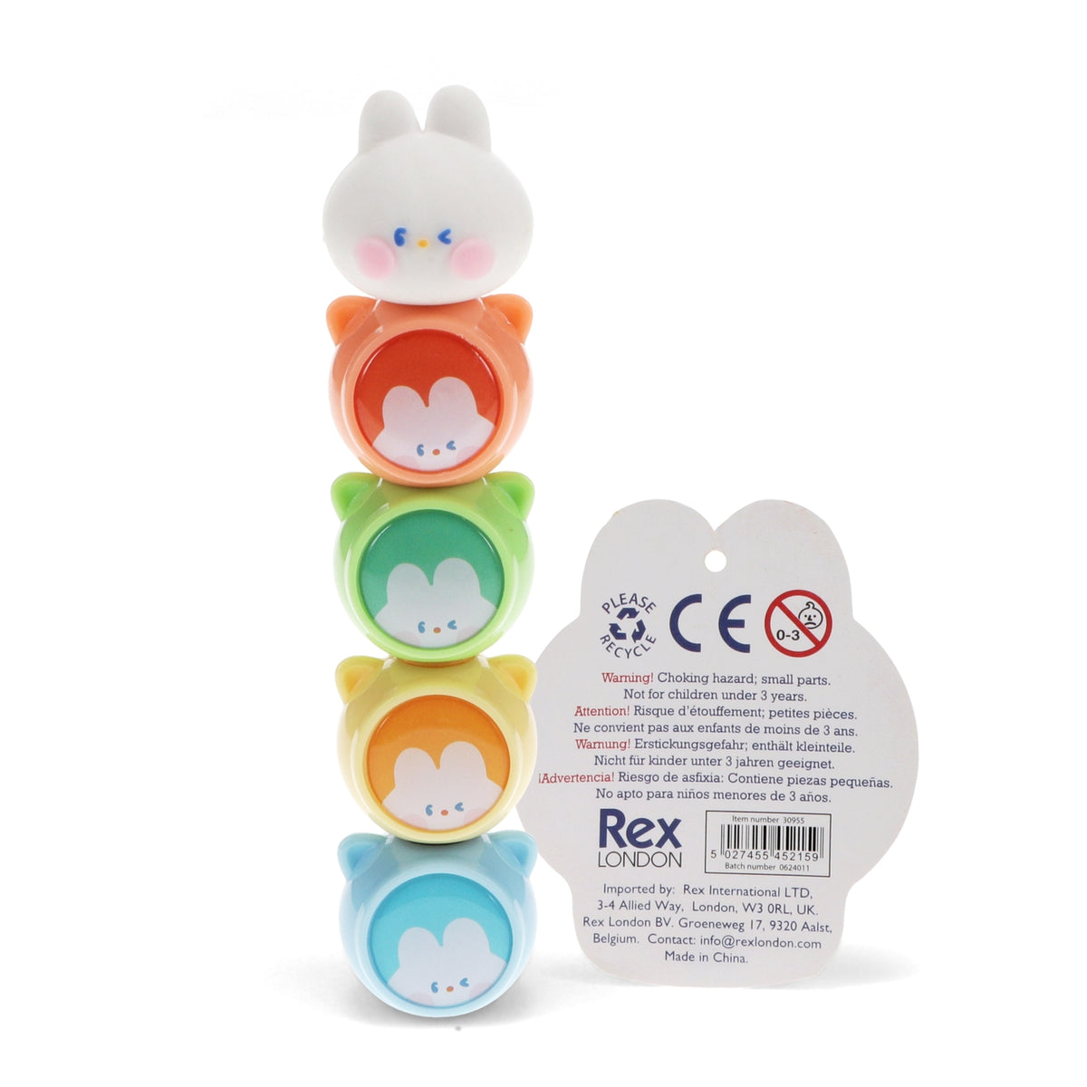 Stack of colorful animal-shaped pens with a Rex London label on a white background