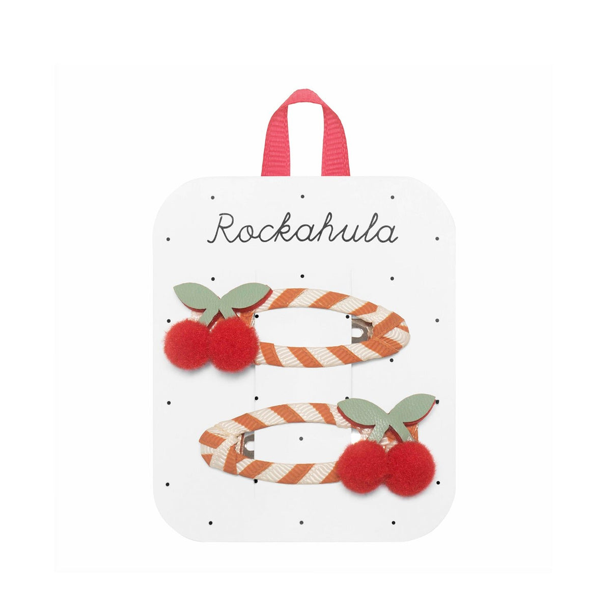 Rockahula stripy cherry hair clips with pompom cherries on striped ribbon wrapped snap clips