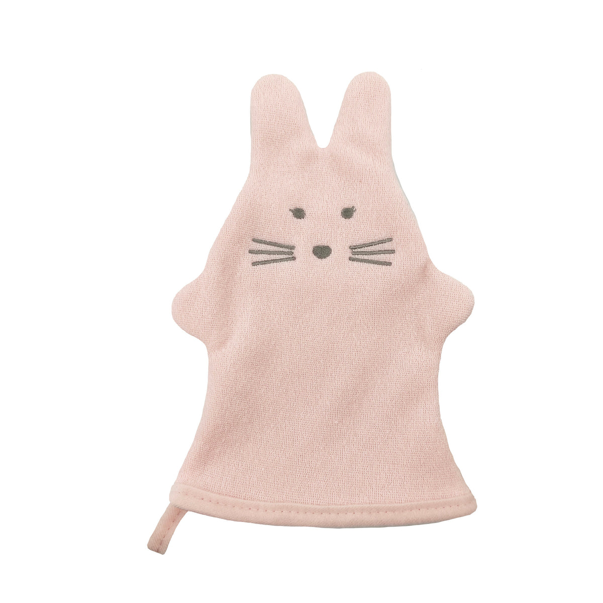 Pink rabbit-shaped bath mitt on a white background
