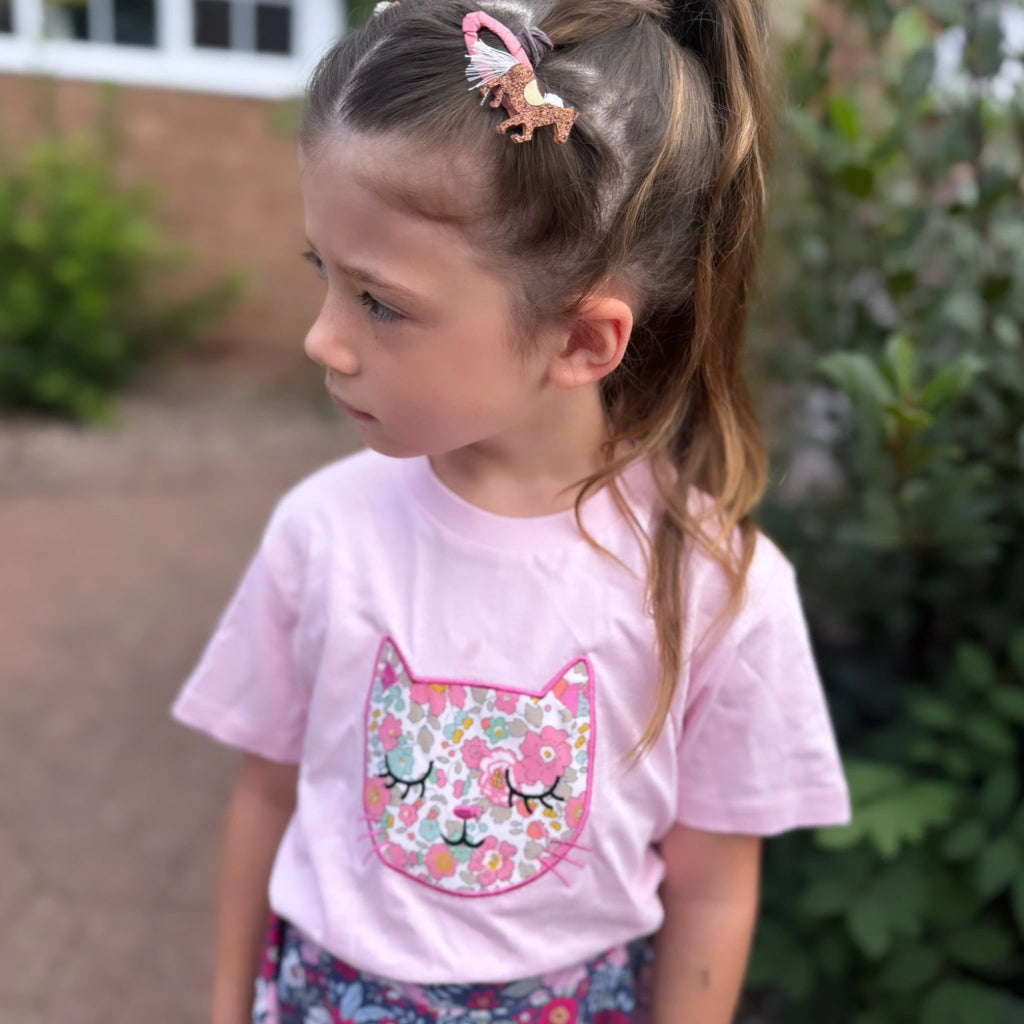 Girls Cat Appliqué T-Shirt – Organic Cotton & Liberty Fabric
