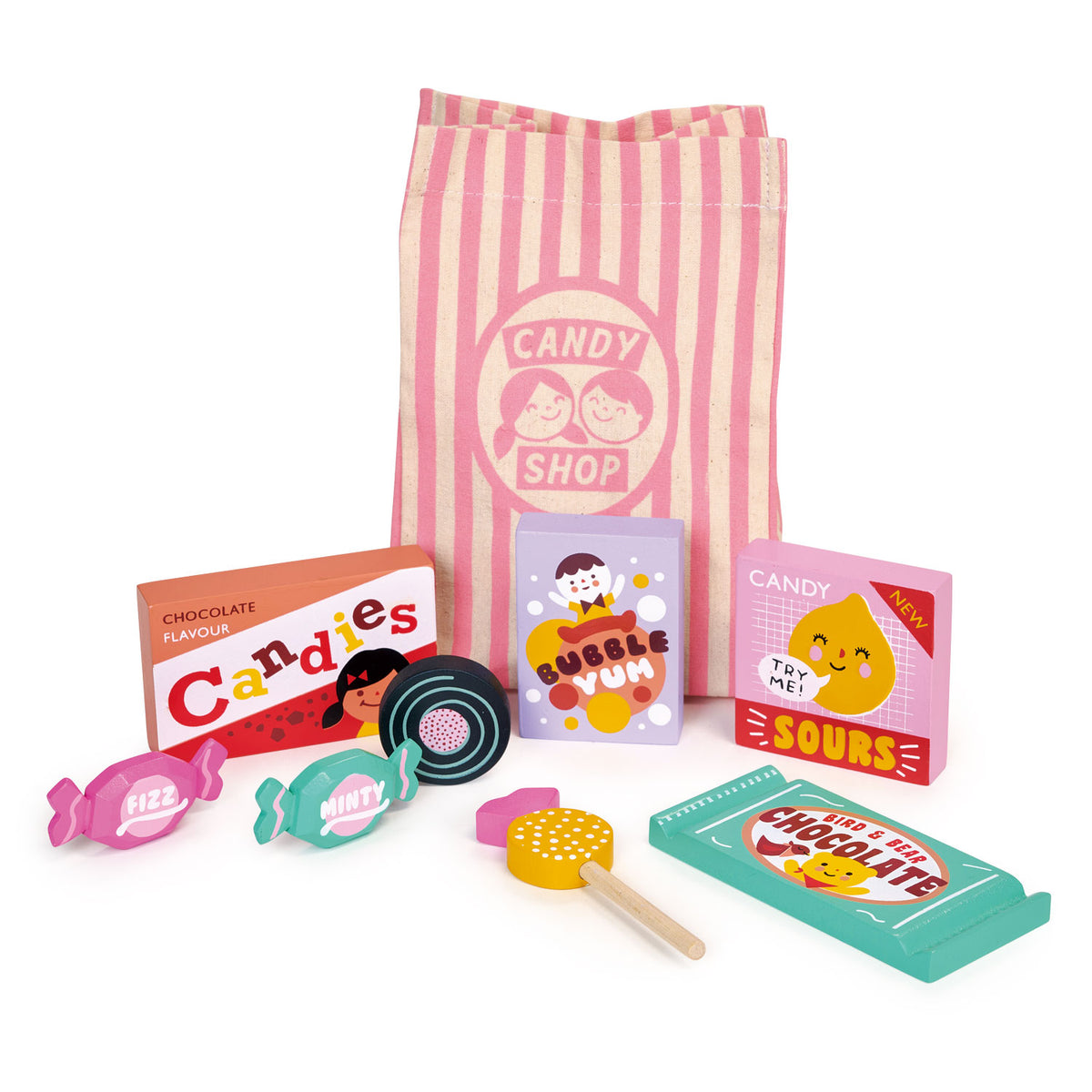 Set of candy-themed toys and packaging with a pink striped bag labeled 'Candy Shop'.