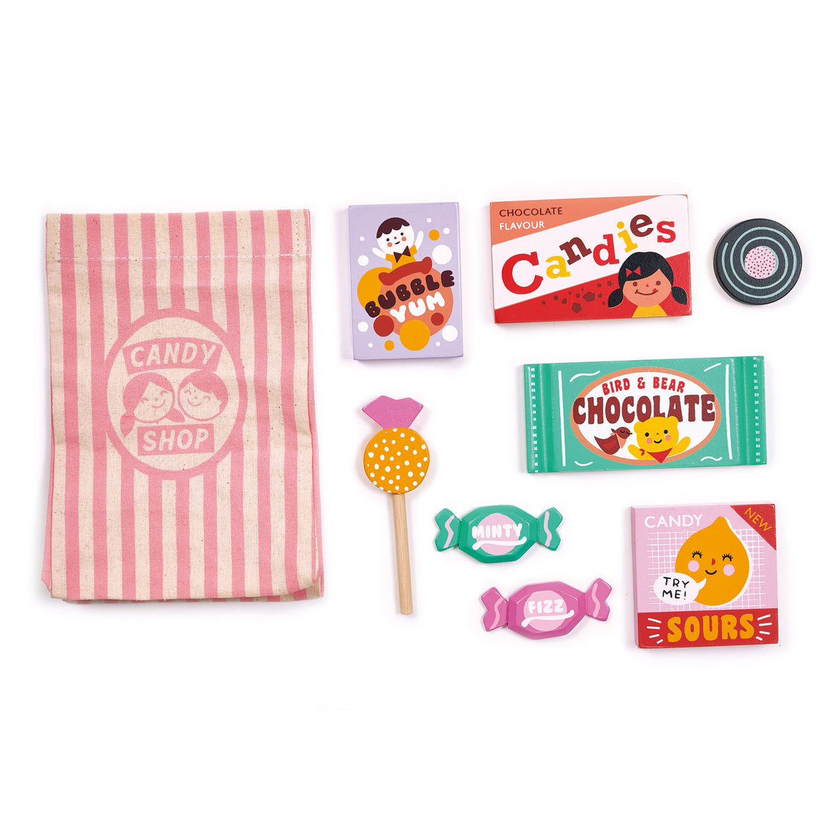 Collection of candy-themed wooden toys including a striped bag and candies on a white background