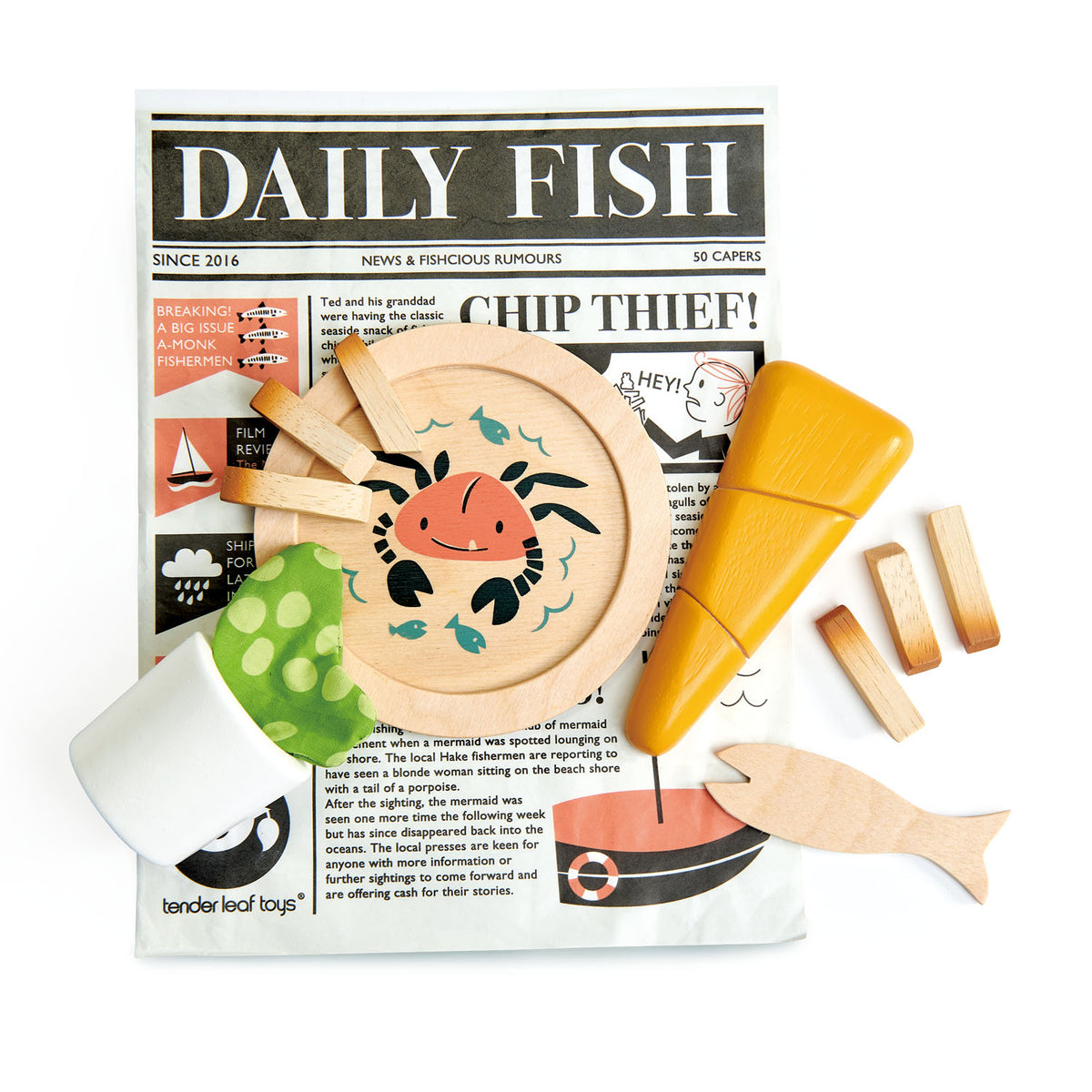 Tender Leaf wooden fish and chips play set on a newspaper.