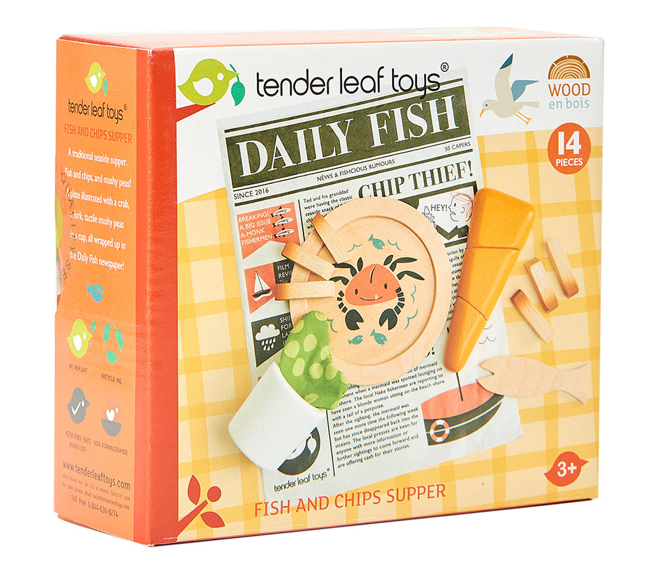 Tender Leaf Toys 'Daily Fish' toy set packaging with wooden pieces and newspaper design.