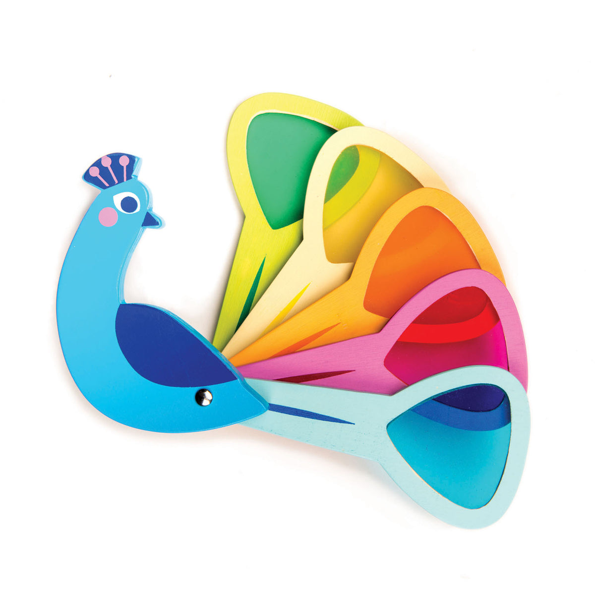 Colorful peacock-shaped object with a gradient of colors on a white background