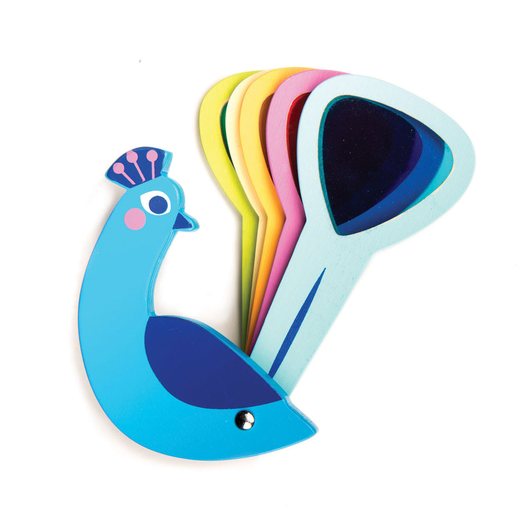 Colorful peacock-shaped wooden toy with rainbow acrylic feathers on a white background
