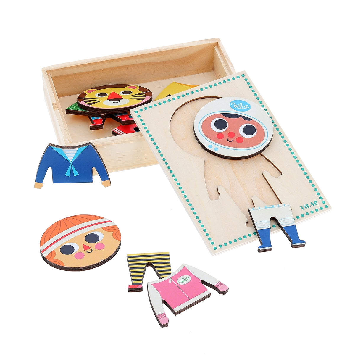 Wooden puzzle with cartoon character and clothing pieces on a white background