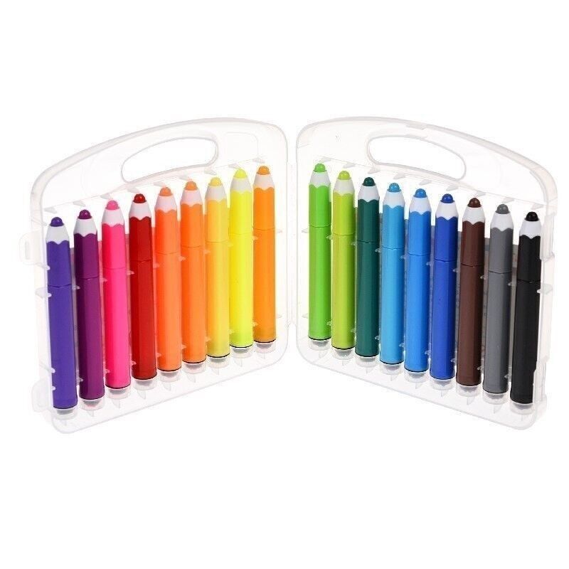 Set of colorful markers in a clear plastic case on a white background