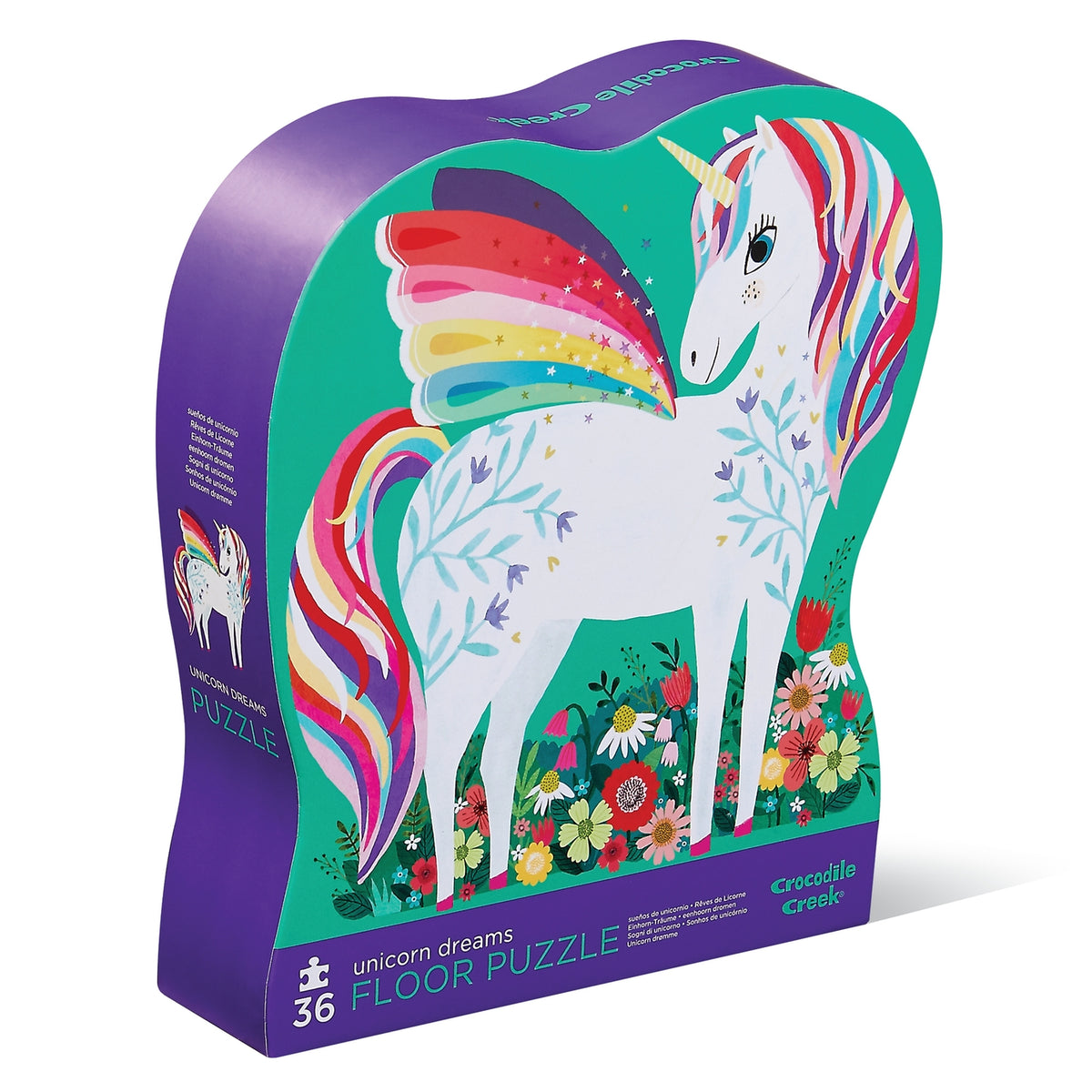 Unicorn-themed floor puzzle packaging with colorful unicorn design on a white background