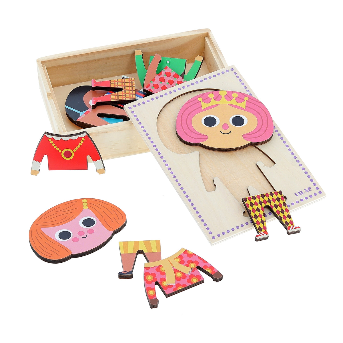 Wooden dress-up puzzle pieces stored neatly inside the Vilac wooden box