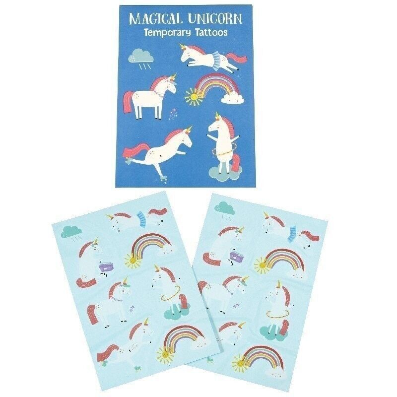 Unicorn and rainbow temporary tattoos on blue paper with a blue card labeled 'Magical Unicorn Temporary Tattoos'.