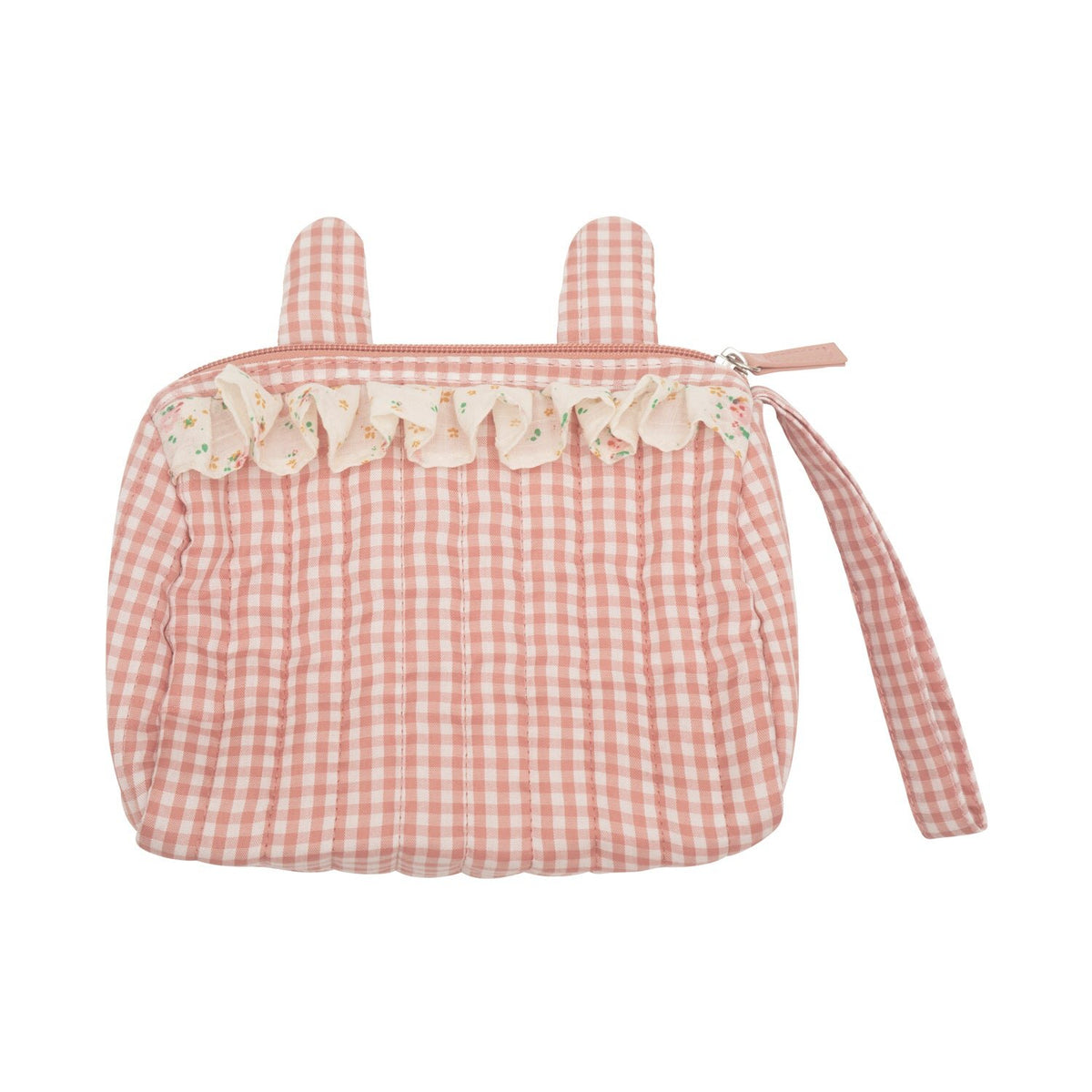 Pink gingham bag with ruffled trim on a white background