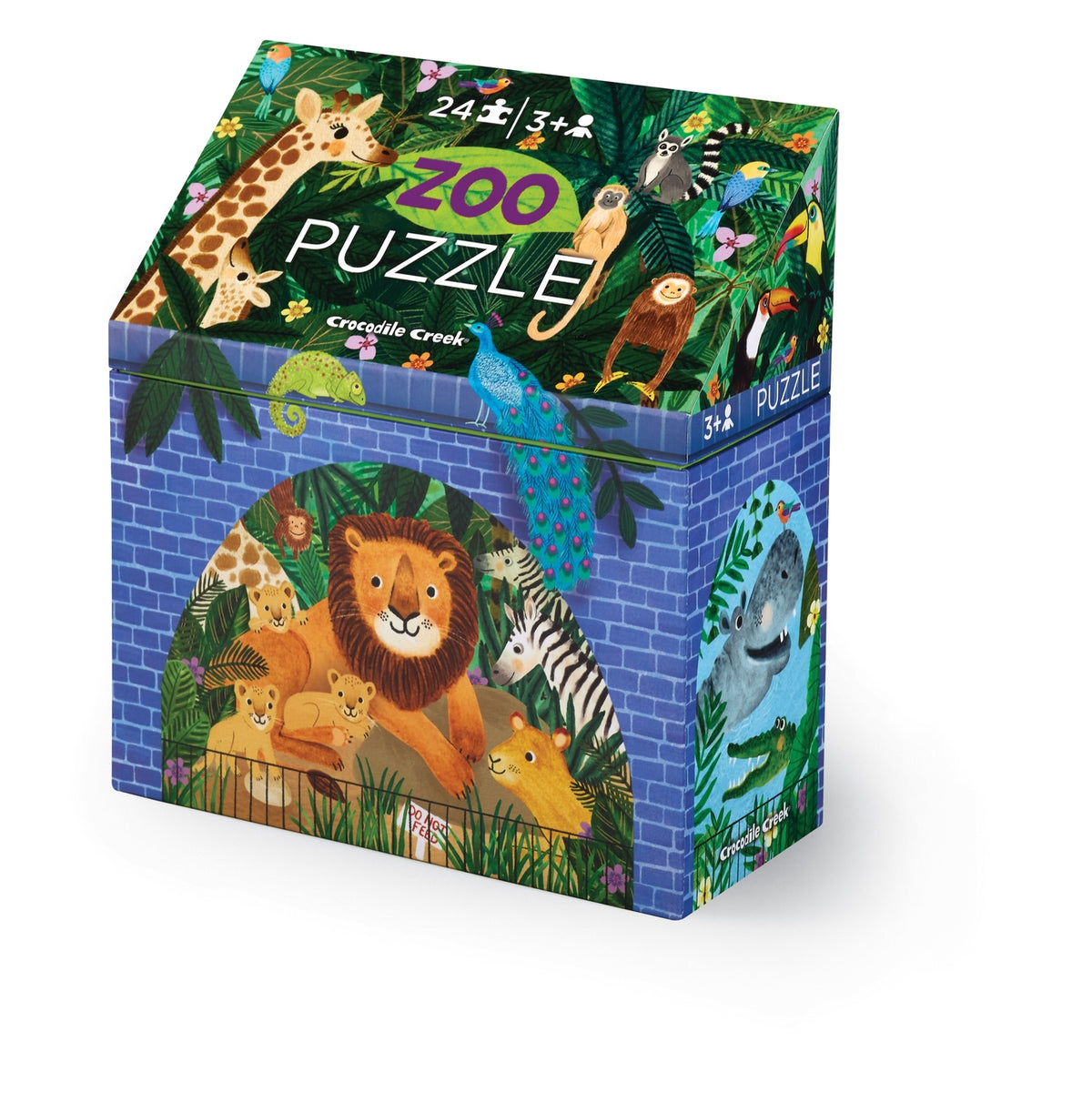 Zoo puzzle box with colorful illustrations of animals on a white background