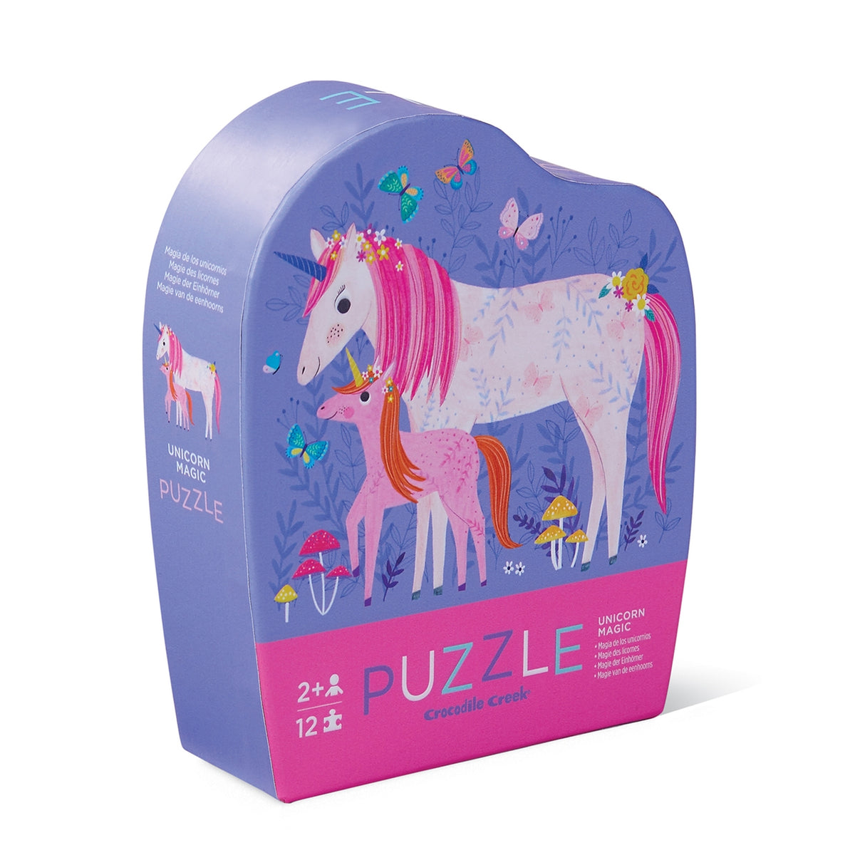 Unicorn-themed puzzle packaging with illustrations of unicorns on a white background