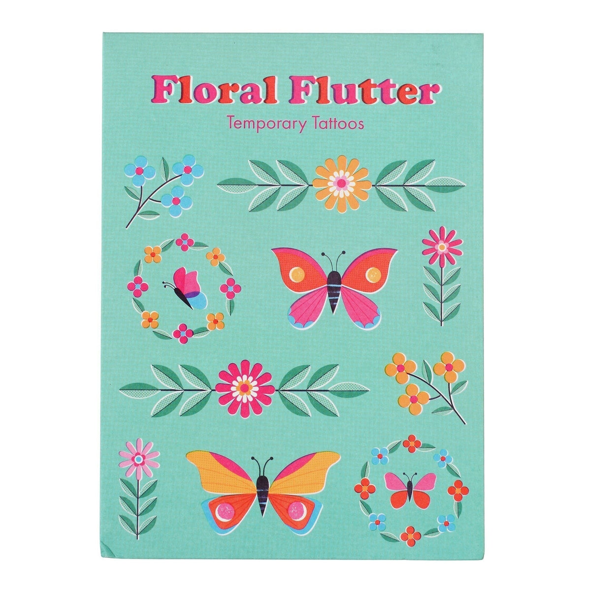 Floral Flutter temporary tattoos packaging with butterflies and flowers on a teal background